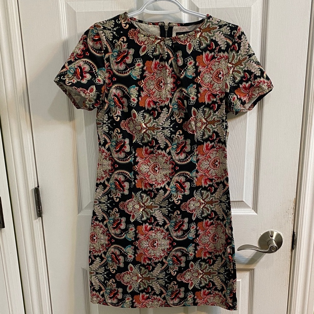 BOOHOO Paisley Black Blue Orange Print Short Sleeve Shift Dress Women’s Size 4